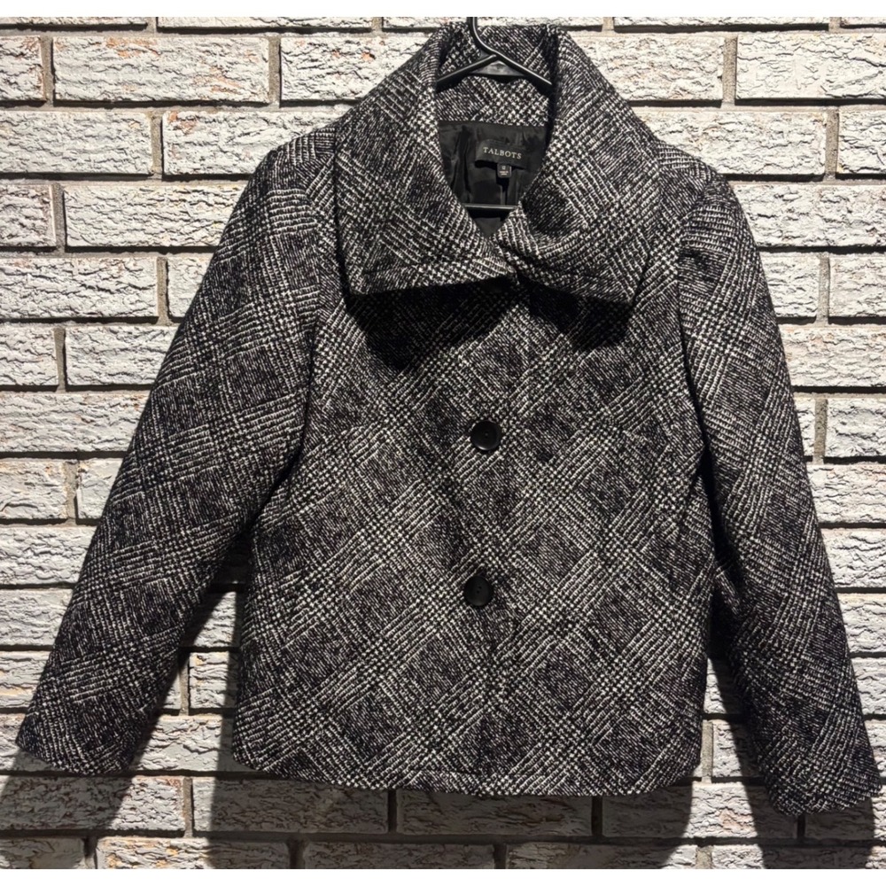 Talbots Womens Black White Wool Blend Tweed Plaid Portrait Collar Jacket Size 12